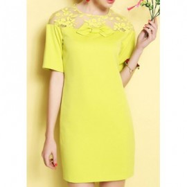 Vintage Jewel Neck Short Sleeves Voile Splicing Embroidered Dress For Women