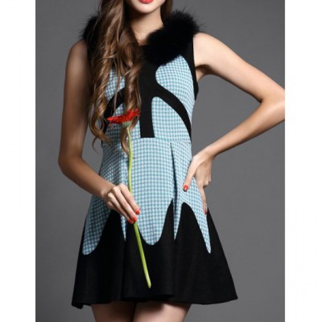 Vintage Jewel Neck Sleeveless Color Block Dress For Women