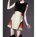 Vintage Jewel Neck Sleeveless Faux Fur Splicing Print Dress For Women