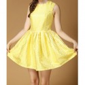 Vintage Jewel Neck Sleeveless Polka Dot Yellow Dress For Women