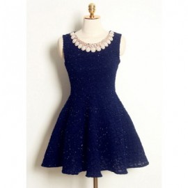 Vintage Jewel Neck Sleeveless Solid Color Rhinestoned Dress For Women