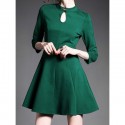 Vintage Keyhole Neck 3/4 Sleeves Lace Splicing Solid Color Dress For Women