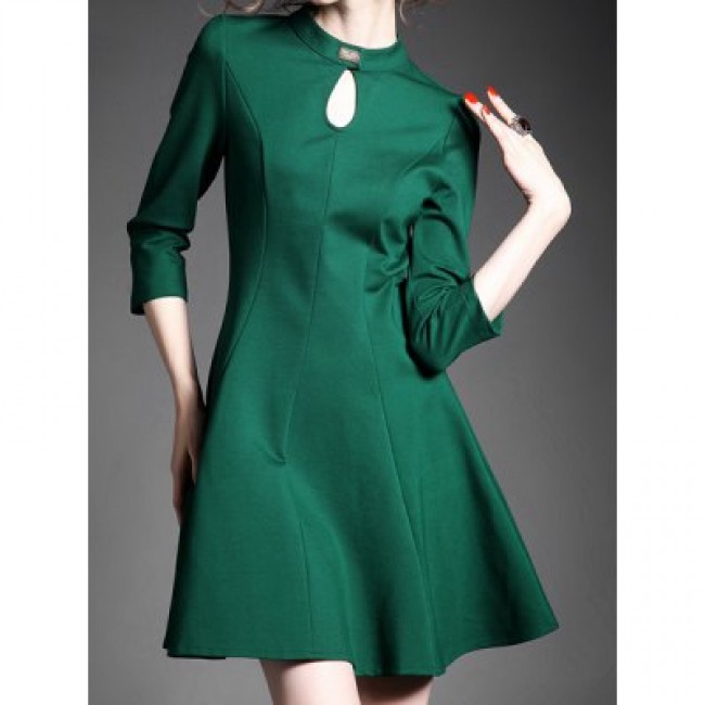 Vintage Keyhole Neck 3/4 Sleeves Lace Splicing Solid Color Dress For Women