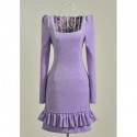Vintage Long Sleeves Solid Color Flounce Dress For Women