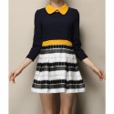 Vintage Peter Pan Collar 3/4 Sleeves Striped Splicing Color Block Dress For Women