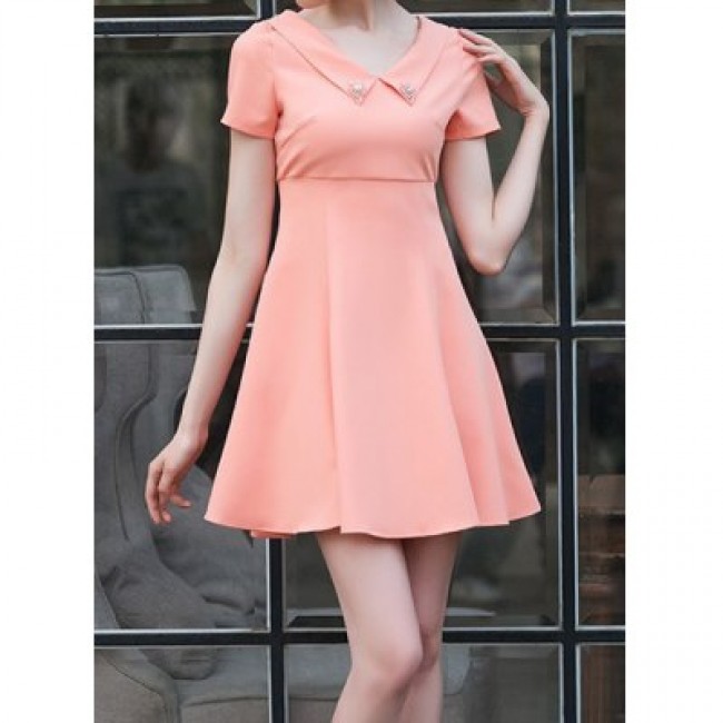 Vintage Peter Pan Collar Short Sleeves Beaded Solid Color Dress For Women