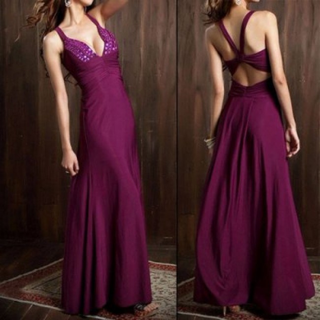 Vintage Plunging Neck Backless Rhinestone Long Prom Dress For Women