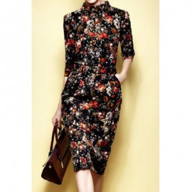 Vintage Round Collar 3/4 Sleeves Printed Dress For Women