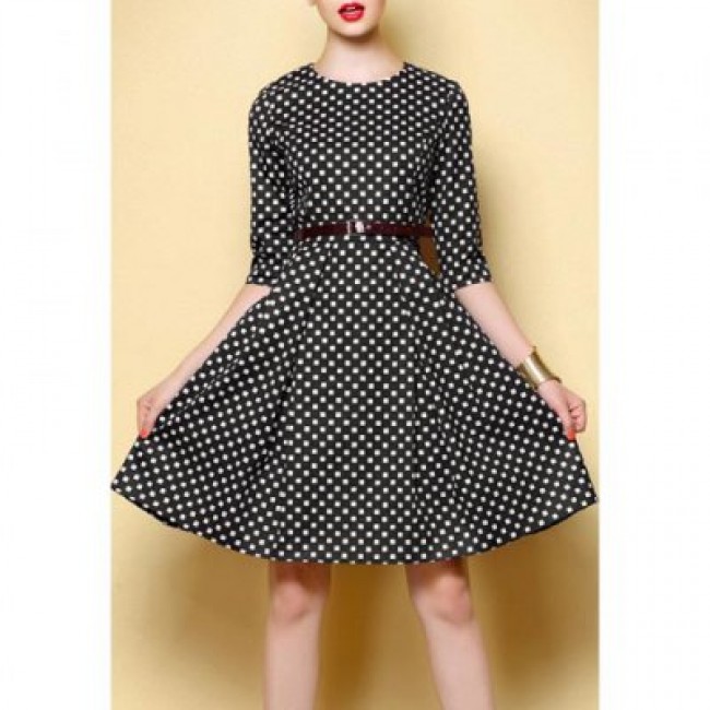 Vintage Round Collar Checked Half Sleeve Women's Dress With A Belt