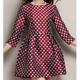 Vintage Round Neck 3/4 Sleeve Heart Print Women's Dress