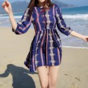 Vintage Round Neck 3/4 Sleeve Printed Lace-Up Women's Dress