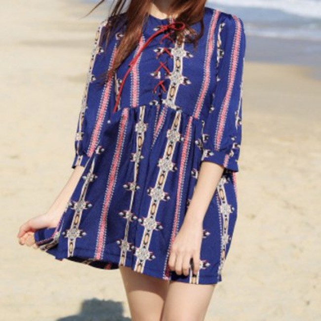 Vintage Round Neck 3/4 Sleeve Printed Lace-Up Women's Dress