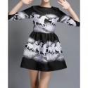 Vintage Round Neck 3/4 Sleeves Horse Print Ball Gown Dress For Women