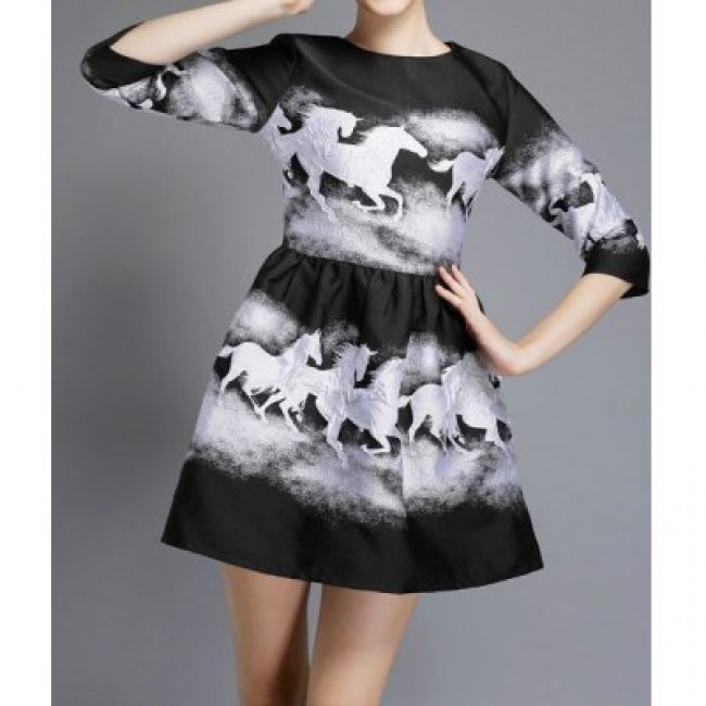 Vintage Round Neck 3/4 Sleeves Horse Print Ball Gown Dress For Women
