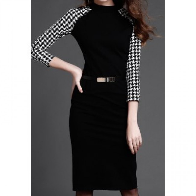 Vintage Round Neck 3/4 Sleeves Houndstooth Splicing Dress For Women