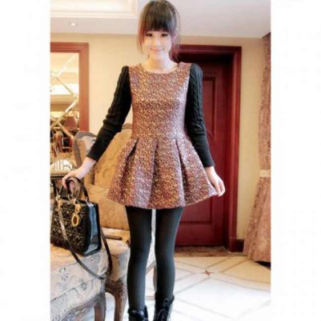 Vintage Round Neck Embroidery Pattern Cable Knitted Long Sleeve Splice Narrow Waist Fleece Women's Dress