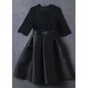 Vintage Round Neck Half Sleeves Lace Splicing Bowknot Dress For Women