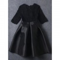 Vintage Round Neck Half Sleeves Lace Splicing Bowknot Dress For Women