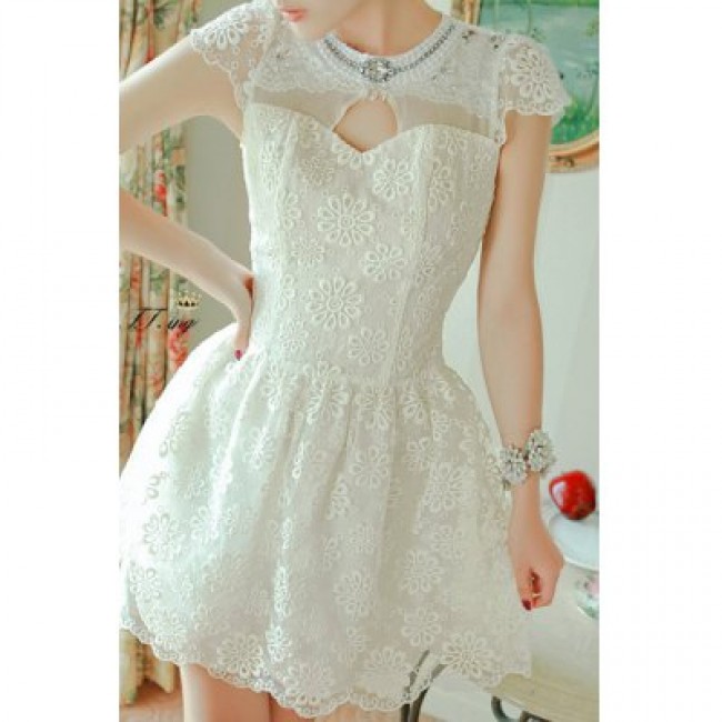 Vintage Round Neck Hollow Out Beading Lace Splicing Dress For Women