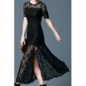 Vintage Round Neck Short Sleeves Black Lace Long Dress For Women