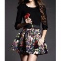 Vintage Scoop Neck 3/4 Length Sleeves Printed Leather Splicing Dress For Women