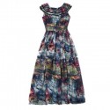 Vintage Scoop Neck Abstract Print Flounce Chiffon Long Dress For Women