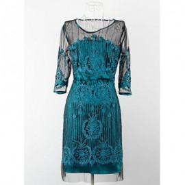 Vintage Scoop Neck Half Sleeves Voile Splicing Embroidered Dress For Women