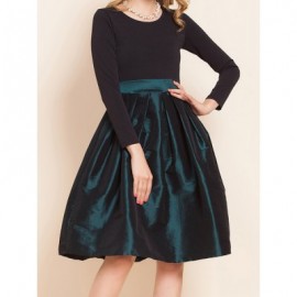 Vintage Scoop Neck Long Sleeves Color Splicing Bowknot Dress For Women