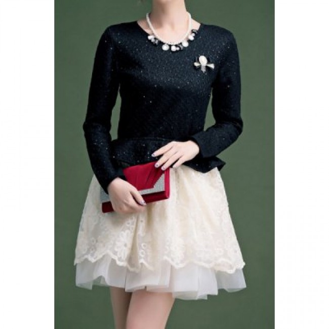 Vintage Scoop Neck Long Sleeves Flounce Lace Voile Splicing Dress For Women