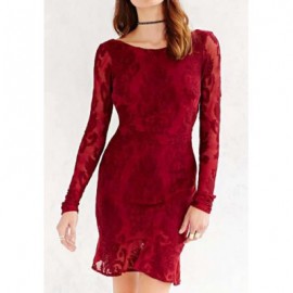 Vintage Scoop Neck Long Sleeves Solid Color Backless Lace Dress For Women
