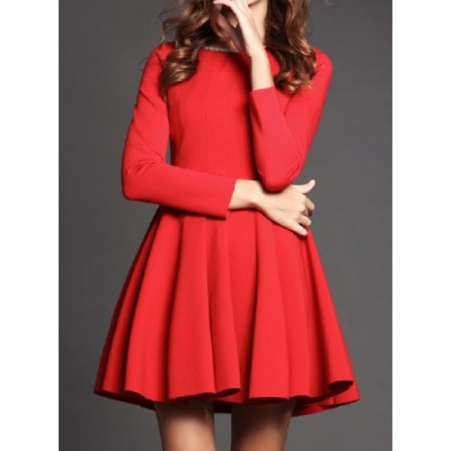 Vintage Scoop Neck Long Sleeves Solid Color Beading Dress For Women