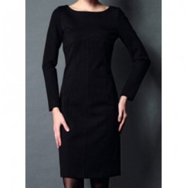 Vintage Scoop Neck Long Sleeves Solid Color Bodycon Dress For Women