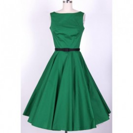 Vintage Scoop Neck Pleated Sleeveless Country Green Dress For Women