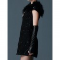 Vintage Scoop Neck Short Sleeves Faux Fur Splicing Woolen Dress For Women