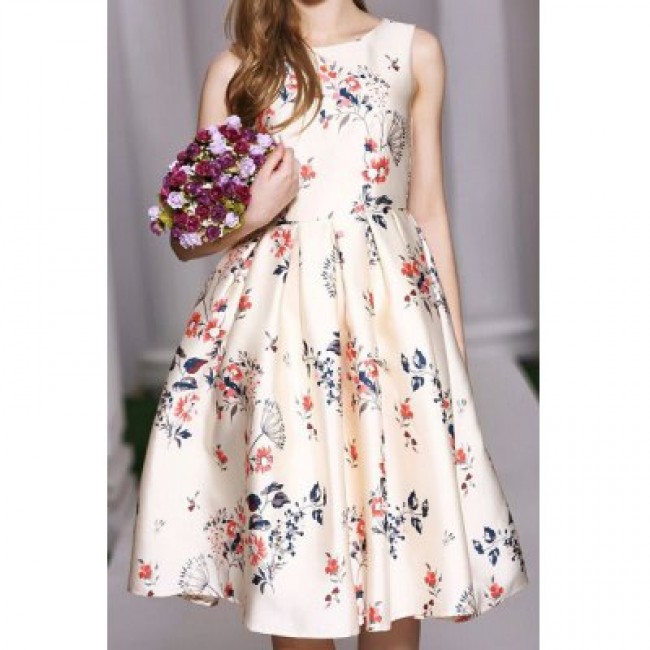 Vintage Scoop Neck Sleeveless Floral Print Bowknot Dress For Women