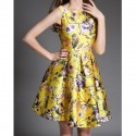 Vintage Scoop Neck Sleeveless Floral Print Pleated Dress For Women