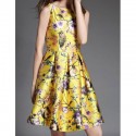 Vintage Scoop Neck Sleeveless Floral Print Pleated Dress For Women