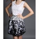Vintage Scoop Neck Sleeveless Leaves Print Lace Splicing Dress For Women