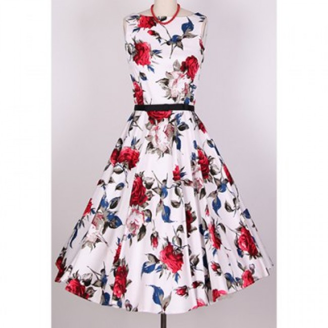 Vintage Scoop Neck Sleeveless Rose Print Pleated Dress For Women