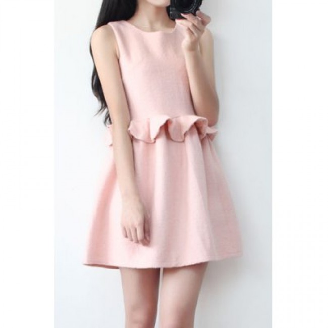 Vintage Scoop Neck Sleeveless Solid Color Flounce Dress For Women
