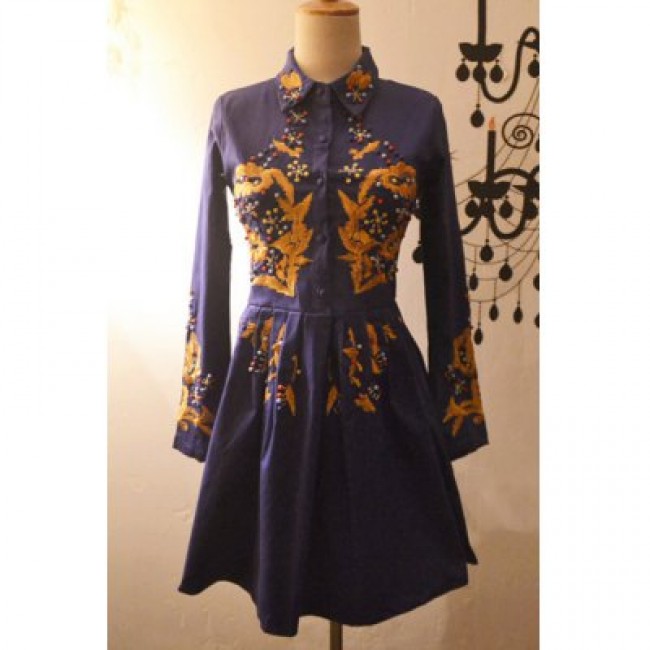 Vintage Shirt Collar Embroidered Beaded Dress For Women