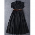 Vintage Shirt Collar Puff Sleeve Solid Color Women's Dress