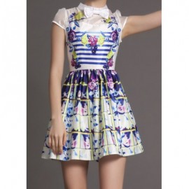 Vintage Stand Collar Bowknot Print Short Sleeves Dress For Women