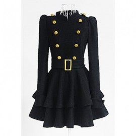 Vintage Stand Collar Buttons Embellished Long Sleeve Ruffles Dress For Women