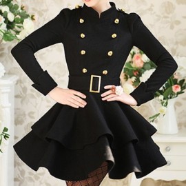 Vintage Stand Collar Long Sleeves Double Breasted Flounce Dress For Women