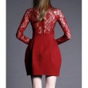 Vintage Stand Collar Long Sleeves Lace Splicing Solid Color Dress For Women