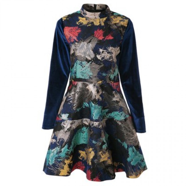 Vintage Stand Collar Long Sleeves Print Dress For Women