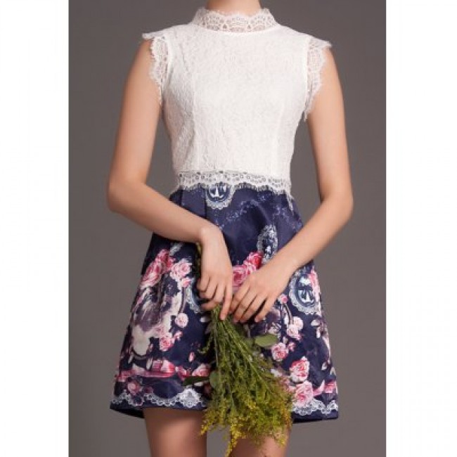 Vintage Stand Collar Sleeveless Lace Splicing Floral Print Dress For Women