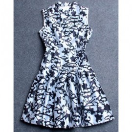 Vintage Stand Collar Sleeveless Print Dress For Women
