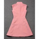 Vintage Stand Collar Sleeves Single Breasted Solid Color Dress For Women